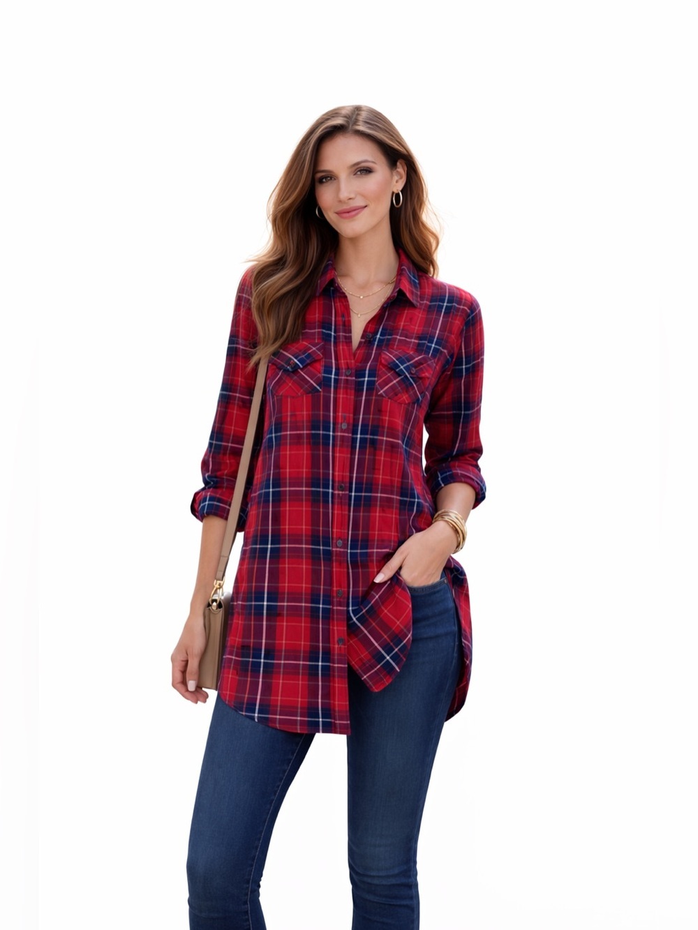 merona red and black plaid tunic long sleeve shirt